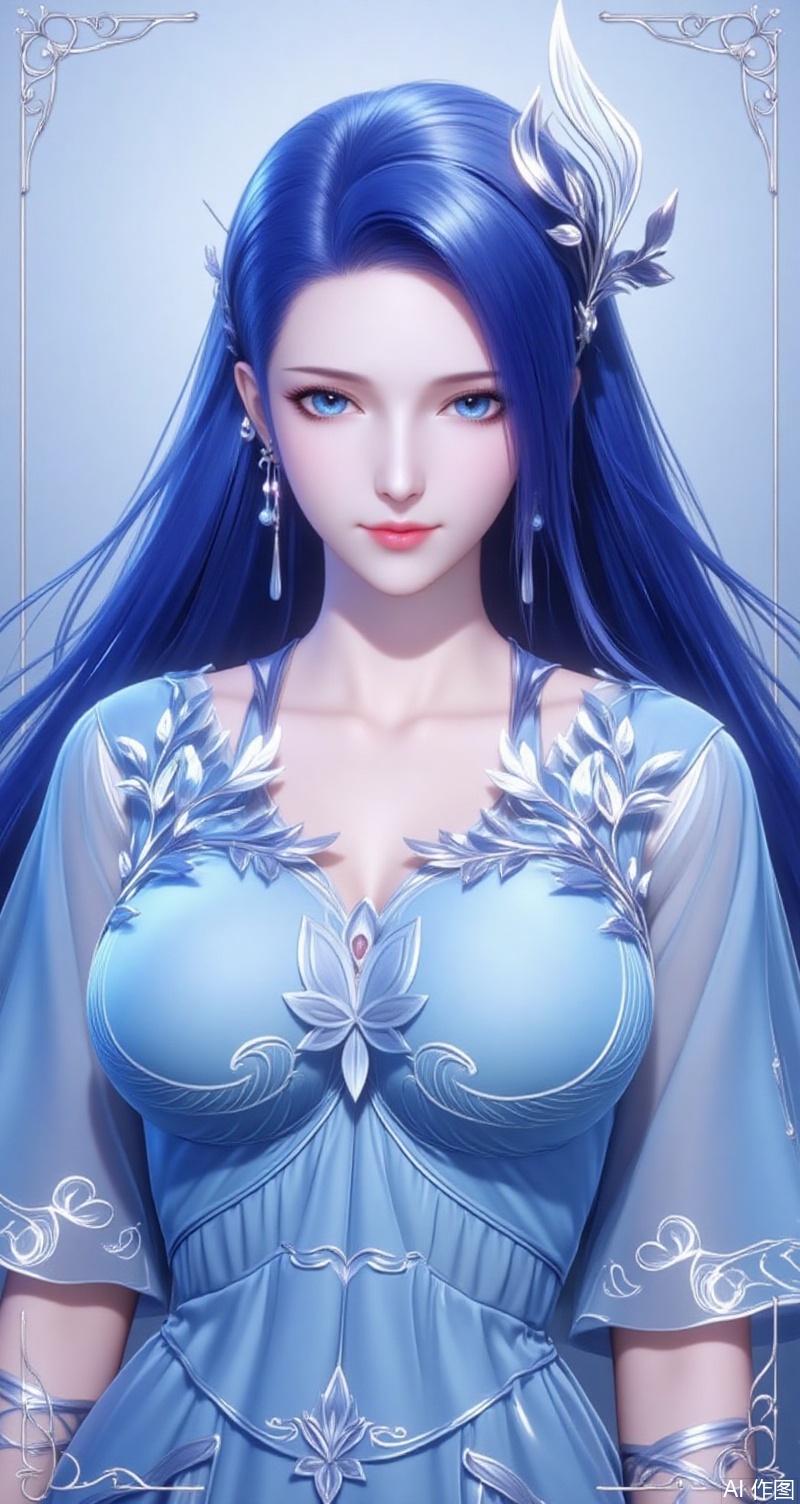 baoshi,lvjing,ayin,long hair,blue eyes,hair ornament,jewelry,blue hair,1girl,solo,earrings,jewelry,looking at viewer,breasts,tarot,collarbone,upper body,dress,closed mouth,card \(medium\),tarot \(medium\),frills,border,15,cover,simple background,gradient background,close-up details,outstanding style,(baoshi),adding a touch of dimension to your images without compromising details,close-up,