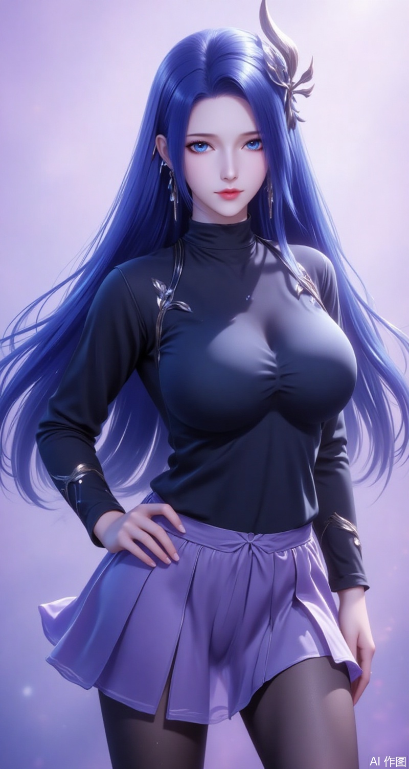 baoshi,lvjing,ayin,long hair,blue eyes,hair ornament,jewelry,blue hair,1girl,pantyhose,breasts,skirt,solo,ass,large breasts,bangs,black pantyhose,looking at viewer,purple skirt,black sweater,long sleeves,underwear,sweater,turtleneck,pleated skirt,black shirt,gradient background,simple background,simple background,gradient_background,cover,Close-up details,outstanding style,adding a touch of dimension to your images without compromising details,close-up,