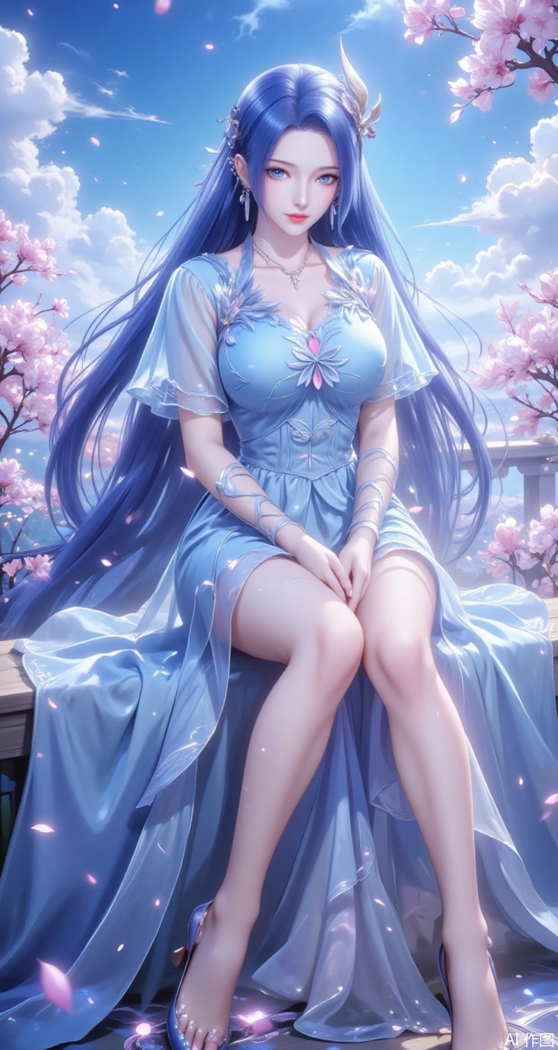 baoshi,lvjing,ayin,1girl, solo, long hair, looking at viewer, blue eyes, hair ornament, dress, jewelry, sitting, blue hair, flower, earrings, outdoors, sky, cloud, tree, blue sky, petals, bare legs, blue dress, cherry blossoms, stairs, simple background,gradient_background,Close-up details,outstanding style,adding a touch of dimension to your images without compromising details,absurdres,colorful,
