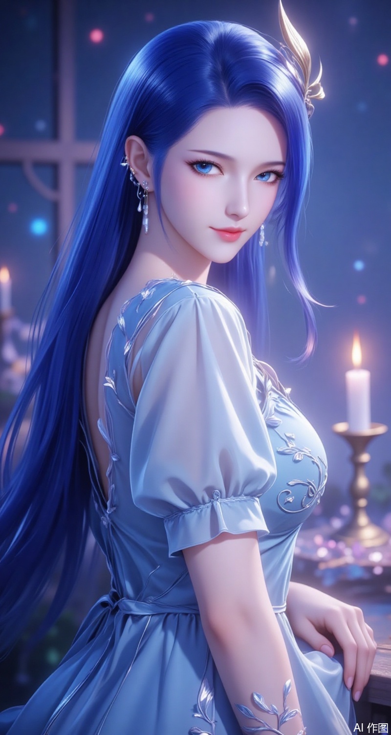 baoshi,lvjing,ayin,1girl, solo, long hair, looking at viewer, blue eyes, hair ornament, dress, jewelry, blue hair, upper body, earrings, indoors, from side, blue dress, candle, simple background,gradient_background,Close-up details,outstanding style,adding a touch of dimension to your images without compromising details,absurdres,colorful,