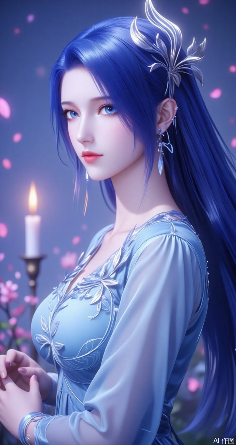 baoshi,lvjing,ayin,1girl, solo, long hair, looking at viewer, blue eyes, hair ornament, dress, jewelry, blue hair, upper body, earrings, indoors, from side, blue dress, candle, simple background,gradient_background,Close-up details,outstanding style,adding a touch of dimension to your images without compromising details,absurdres,colorful,
