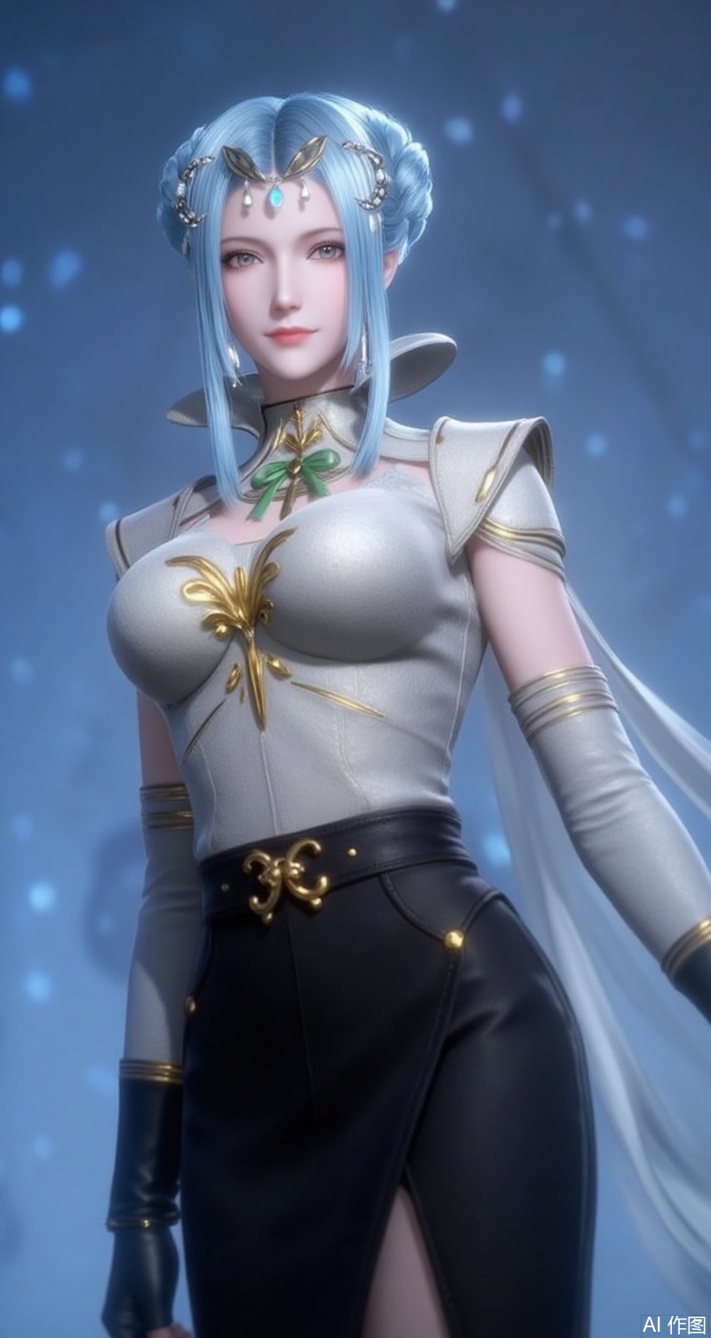 baoshi,lvjing,tangyuehua,blue hair,hair bun,single hair bun,grey eyes,fair_skin,jewelry,earrings,hair_ornament,
1girl,solo,earrings,gloves,jewelry,breasts,skirt,shirt,large breasts,looking at viewer,white shirt,belt,pencil skirt,black gloves,simple background,alternate costume,black skirt,green ribbon,long sleeves,lips,blue background,ribbon,collared shirt,side slit,4,cover,simple background,gradient background,close-up details,outstanding style,adding a touch of dimension to your images without compromising details,close-up,
