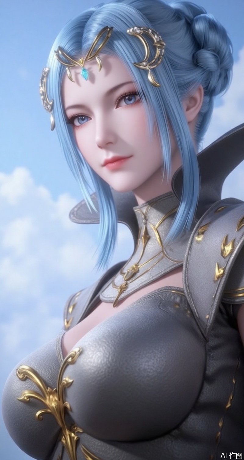 baoshi,lvjing,tangyuehua,1girl, solo, breasts, looking at viewer, hair ornament, blue hair, sky, day, cloud, armor, shoulder armor, circlet
cover,simple background,gradient background,close-up details,outstanding style,adding a touch of dimension to your images without compromising details,close-up,ningrongrong