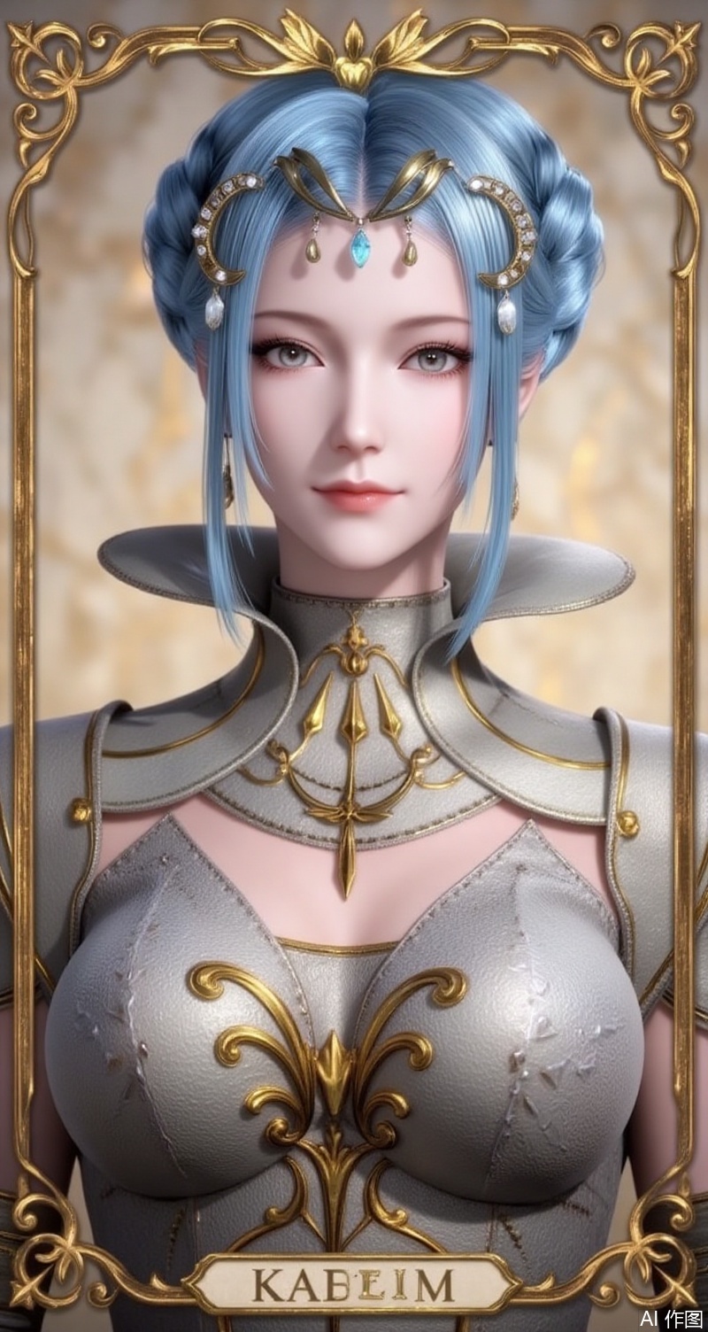 baoshi,lvjing,tangyuehua,blue hair,hair bun,single hair bun,grey eyes,fair_skin,jewelry,earrings,hair_ornament,
1girl,solo,earrings,jewelry,looking at viewer,breasts,tarot,collarbone,upper body,dress,closed mouth,card \(medium\),tarot \(medium\),frills,border,15,cover,simple background,gradient background,close-up details,outstanding style,(baoshi),adding a touch of dimension to your images without compromising details,close-up,