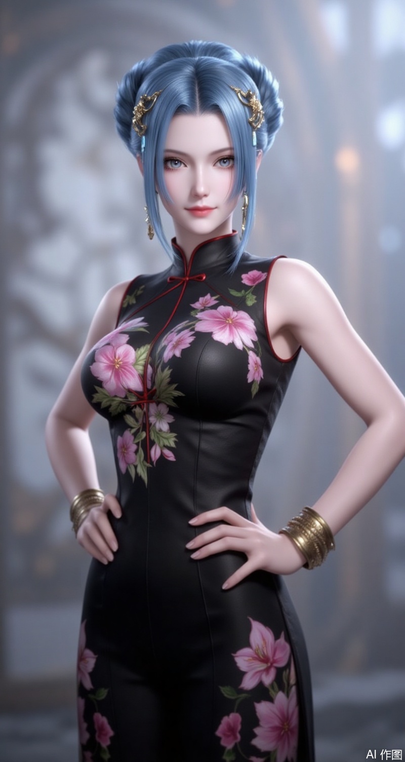 baoshi,lvjing,tangyuehua,blue hair,hair bun,single hair bun,grey eyes,fair_skin,jewelry,earrings,hair_ornament,
1girl,dress,jewelry,earrings,china dress,chinese clothes,blurry background,blurry,breasts,solo,looking at viewer,hand on own hip,floral print,sleeveless,black dress,sleeveless dress,bracelet,parted lips,bare shoulders,side slit,cowboy shot,holding, cover,simple background,gradient background,close-up details,outstanding style,(baoshi),adding a touch of dimension to your images without compromising details,close-up,