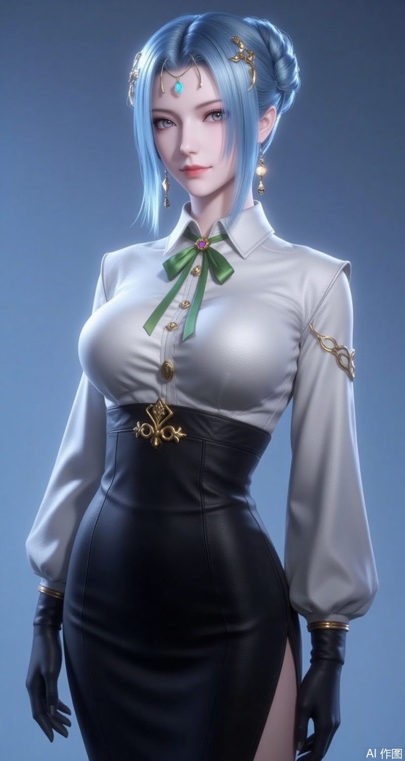 baoshi,lvjing,tangyuehua,blue hair,hair bun,single hair bun,grey eyes,fair_skin,jewelry,earrings,hair_ornament,
1girl,solo,earrings,gloves,jewelry,breasts,skirt,shirt,large breasts,looking at viewer,white shirt,belt,pencil skirt,black gloves,simple background,alternate costume,black skirt,green ribbon,long sleeves,lips,blue background,ribbon,collared shirt,side slit,4,cover,simple background,gradient background,close-up details,outstanding style,adding a touch of dimension to your images without compromising details,close-up,