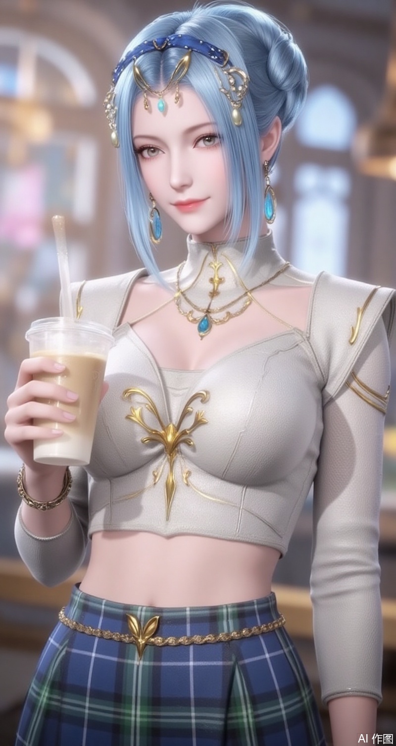 baoshi,lvjing,tangyuehua,blue hair,hair bun,single hair bun,grey eyes,fair_skin,jewelry,earrings,hair_ornament,
1girl,skirt,plaid skirt,realistic,solo,plaid,cup,blurry background,blurry,looking at viewer,holding,disposable cup,holding cup,hairband,sweater,necklace,crop top,blue hairband,midriff,shirt,jewelry,white sweater,off shoulder,white shirt,4,cover,simple background,gradient background,close-up details,outstanding style,adding a touch of dimension to your images without compromising details,close-up,