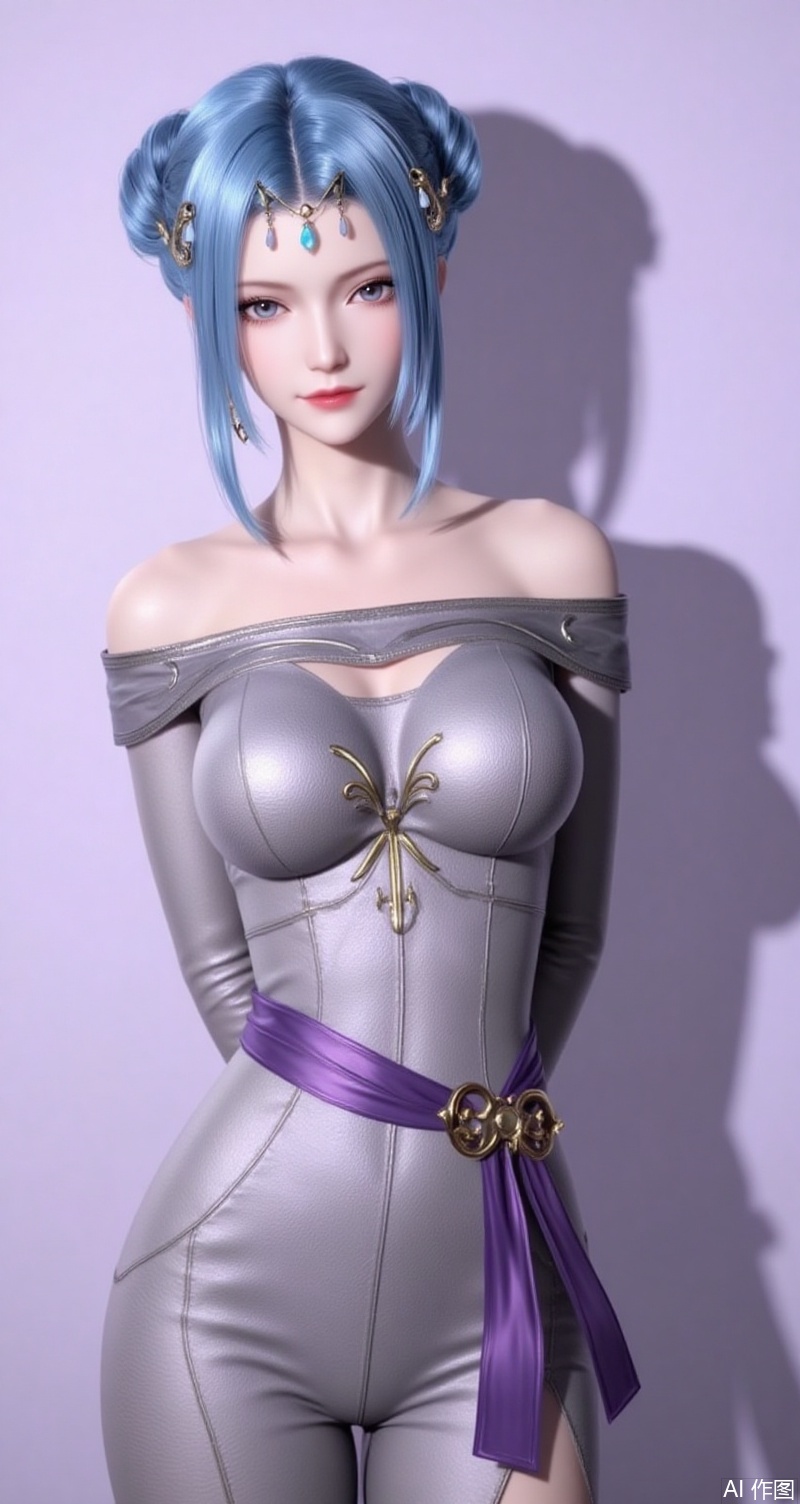 baoshi,lvjing,tangyuehua,blue hair,hair bun,single hair bun,grey eyes,fair_skin,jewelry,earrings,hair_ornament,
1girl,solo,breasts,dress,looking at viewer,bare shoulders,off shoulder,makeup,large breasts,shadow,cowboy shot,sash,red lips,light purple background,lips,long sleeves,off-shoulder dress,lipstick,bodysuit,pants,arms behind back,standing,cover,simple background,gradient background,close-up details,outstanding style,adding a touch of dimension to your images without compromising details,close-up,