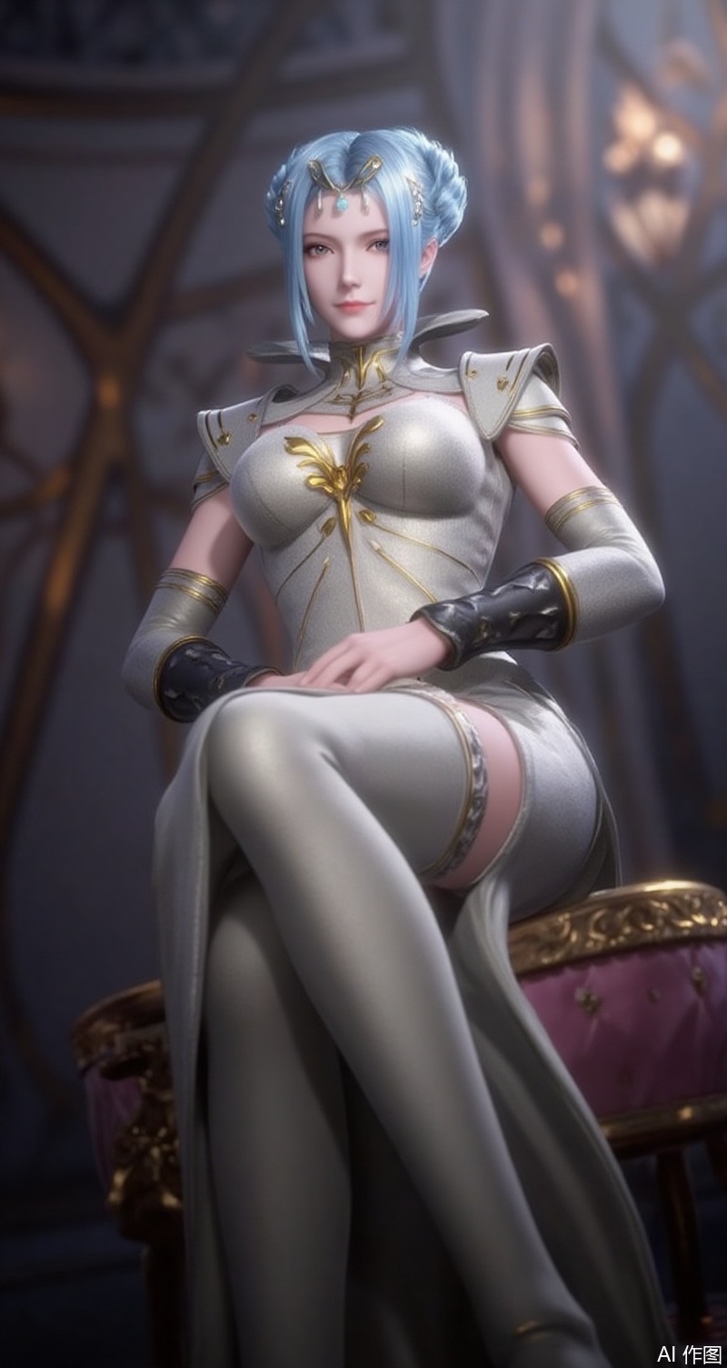 baoshi,lvjing,tangyuehua,1girl,breasts,looking at viewer,dress,blue hair,solo focus,indoors,hair bun,armor,single hair bun,shoulder armor,silver white dress,boots,stockings,leggings,full body,sitting,chair,indoor,
cover,simple background,gradient background,close-up details,outstanding style,adding a touch of dimension to your images without compromising details,close-up,ningrongrong