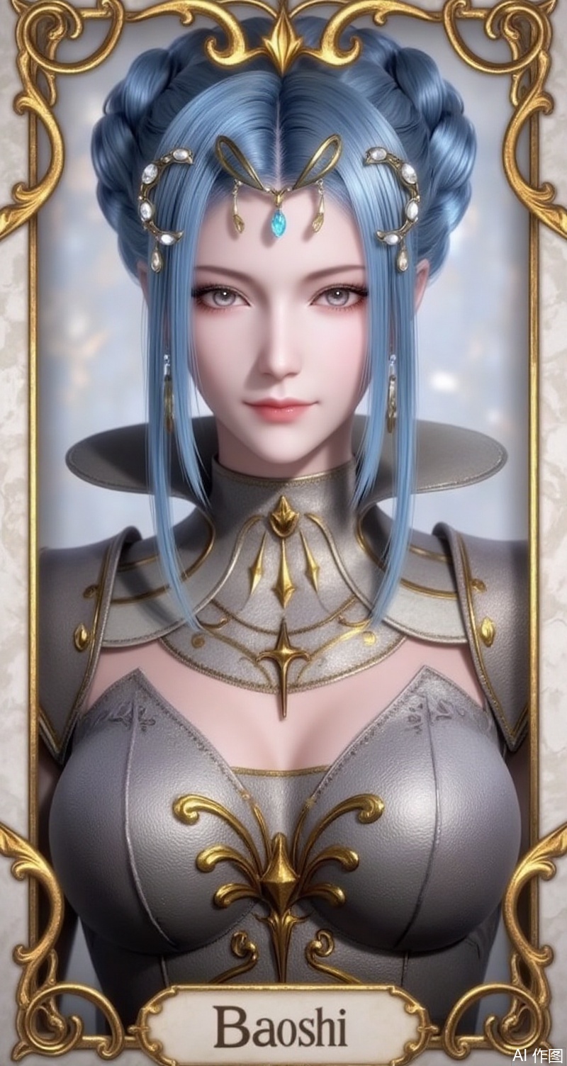 baoshi,lvjing,tangyuehua,blue hair,hair bun,single hair bun,grey eyes,fair_skin,jewelry,earrings,hair_ornament,
1girl,solo,earrings,jewelry,looking at viewer,breasts,tarot,collarbone,upper body,dress,closed mouth,card \(medium\),tarot \(medium\),frills,border,15,cover,simple background,gradient background,close-up details,outstanding style,(baoshi),adding a touch of dimension to your images without compromising details,close-up,