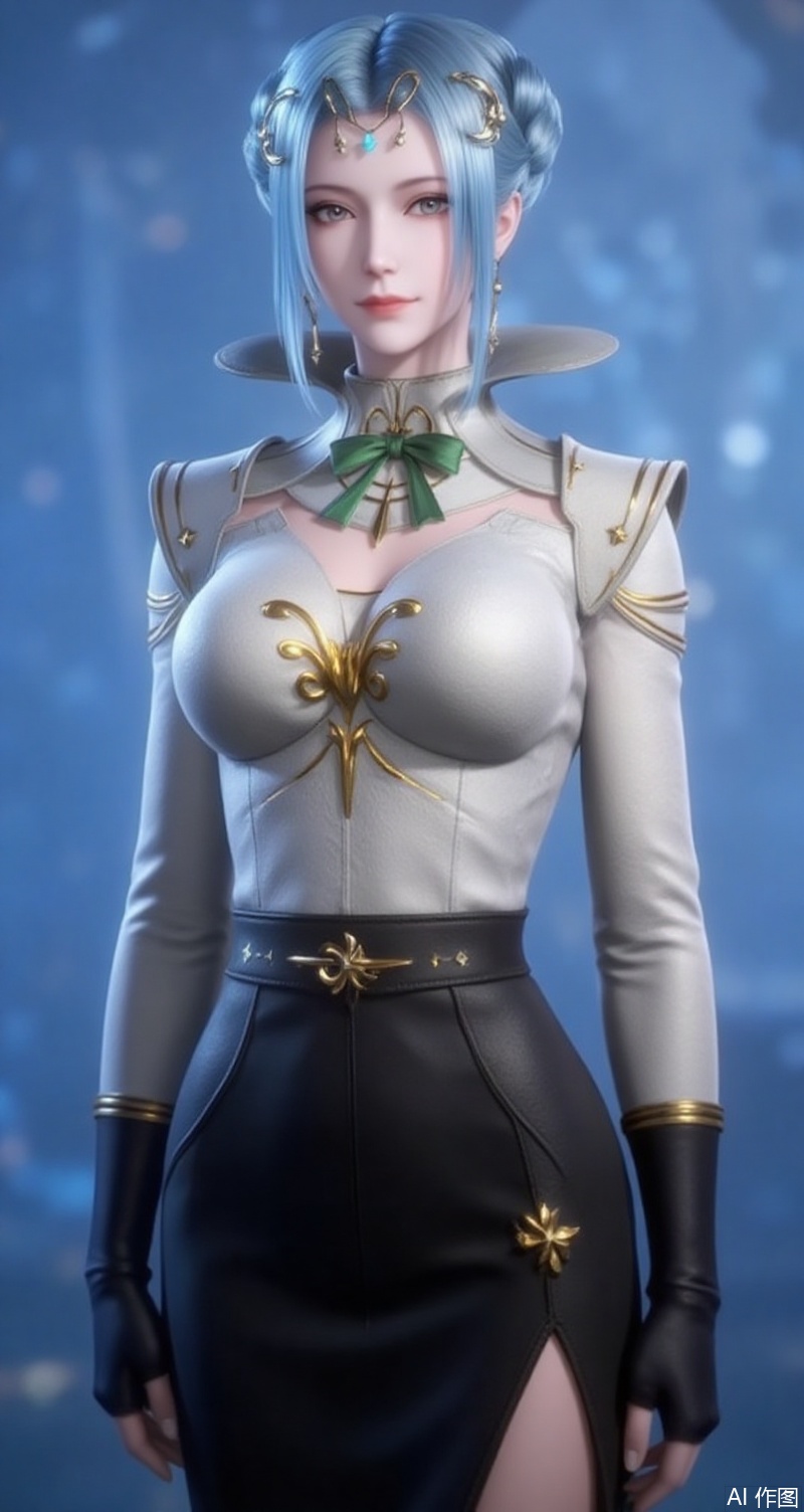 baoshi,lvjing,tangyuehua,blue hair,hair bun,single hair bun,grey eyes,fair_skin,jewelry,earrings,hair_ornament,
1girl,solo,earrings,gloves,jewelry,breasts,skirt,shirt,large breasts,looking at viewer,white shirt,belt,pencil skirt,black gloves,simple background,alternate costume,black skirt,green ribbon,long sleeves,lips,blue background,ribbon,collared shirt,side slit,4,cover,simple background,gradient background,close-up details,outstanding style,adding a touch of dimension to your images without compromising details,close-up,
