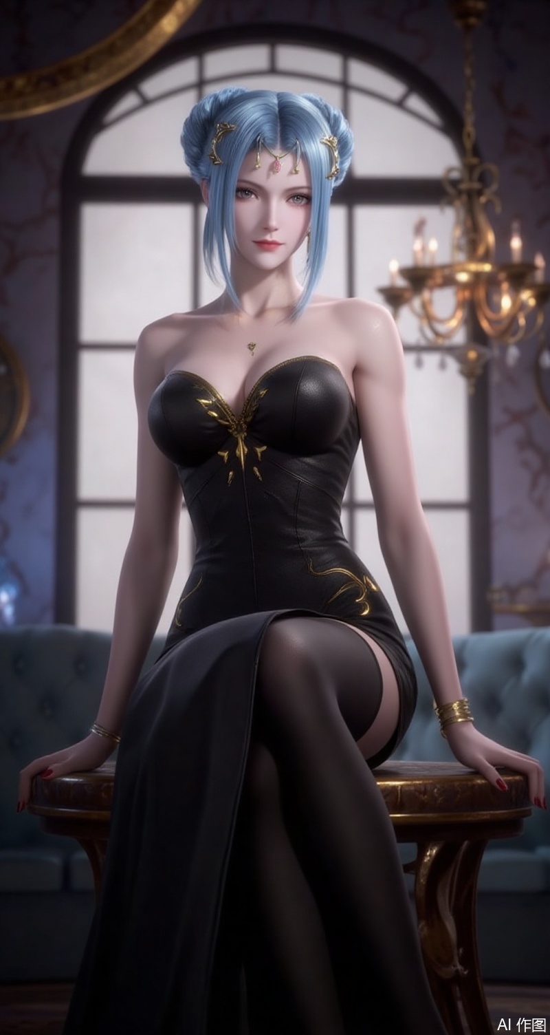 baoshi,lvjing,tangyuehua,blue hair,hair bun,single hair bun,grey eyes,fair_skin,jewelry,earrings,hair_ornament,
1girl,breasts,solo,dress,pantyhose,indoors,sitting,jewelry,looking at viewer,earrings,strapless,black dress,cleavage,bare shoulders,red nails,strapless dress,bangs,chandelier,window,covered navel,black pantyhose,nail polish,stool,bare arms,medium breasts,red lips,alternate costume,feet out of frame,large breasts,parted lips,side slit, simple background,gradient_background,Close-up details,outstanding style,adding a touch of dimension to your images without compromising details,absurdres,colorful,