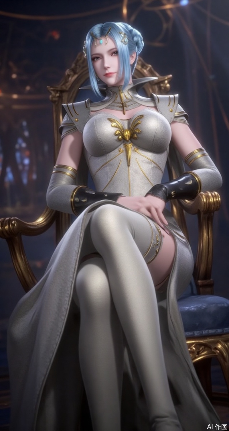 baoshi,lvjing,tangyuehua,1girl,breasts,looking at viewer,dress,blue hair,solo focus,indoors,hair bun,armor,single hair bun,shoulder armor,silver white dress,boots,stockings,leggings,full body,sitting,chair,indoor,
cover,simple background,gradient background,close-up details,outstanding style,adding a touch of dimension to your images without compromising details,close-up,ningrongrong