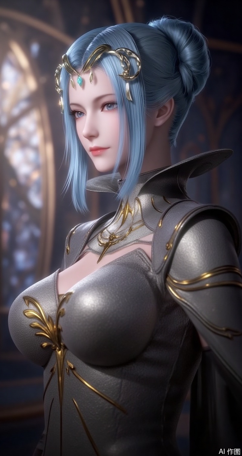 baoshi,lvjing,tangyuehua,1girl, breasts, looking at viewer, dress, blue hair, solo focus, indoors, hair bun, armor, single hair bun, shoulder armor, realistic
cover,simple background,gradient background,close-up details,outstanding style,adding a touch of dimension to your images without compromising details,close-up,ningrongrong