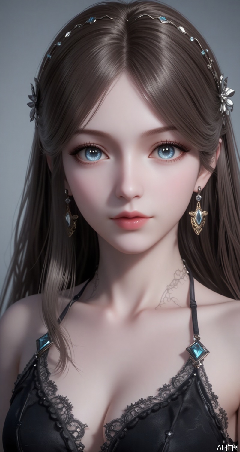 baoshi,lvjing,brown hair,long hair,blue eyes,fair_skin,jewelry,hair_ornament,earrings,1girl,solo,jewelry,earrings,looking at viewer,realistic,upper body,grey background,camisole,black camisole,collarbone,open mouth,cover,simple background,gradient background,close-up details,outstanding style,adding a touch of dimension to your images without compromising details,close-up