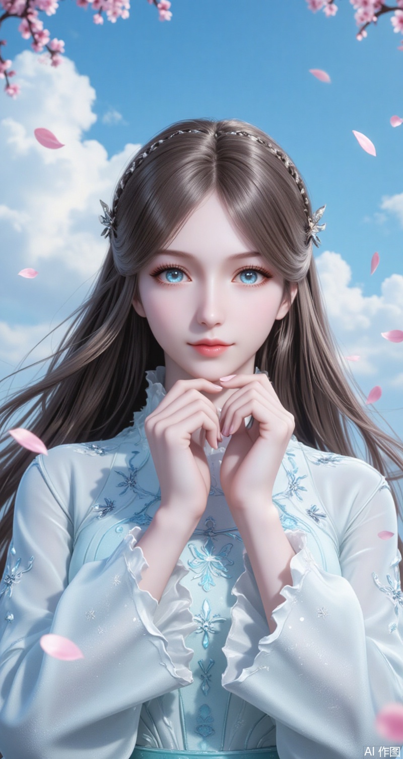 ,ningrongrong,a beautiful woman with both hands on the chin,brown hair,long hair,blue eyes,combed with a small braided hair,hair in the wind,the background is blue sky and white clouds,a large number of petals and leaves flutter in the wind,white_theme,lvjing,baoshi