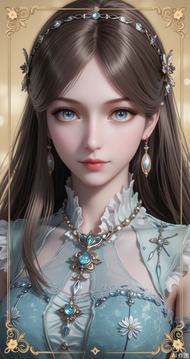 baoshi,lvjing,brown hair,long hair,blue eyes,fair_skin,jewelry,hair_ornament,earrings,1girl,solo,earrings,jewelry,looking at viewer,breasts,tarot,collarbone,upper body,dress,closed mouth,card \(medium\),tarot \(medium\),frills,border,15,cover,simple background,gradient background,close-up details,outstanding style,(baoshi),adding a touch of dimension to your images without compromising details,close-up,