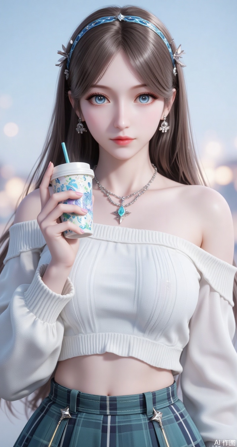 baoshi,lvjing,brown hair,long hair,blue eyes,fair_skin,jewelry,hair_ornament,earrings,1girl,skirt,plaid skirt,realistic,solo,plaid,cup,blurry background,blurry,looking at viewer,holding,disposable cup,holding cup,hairband,sweater,necklace,crop top,blue hairband,midriff,shirt,jewelry,white sweater,off shoulder,white shirt,4,cover,simple background,gradient background,close-up details,outstanding style,adding a touch of dimension to your images without compromising details,close-up,