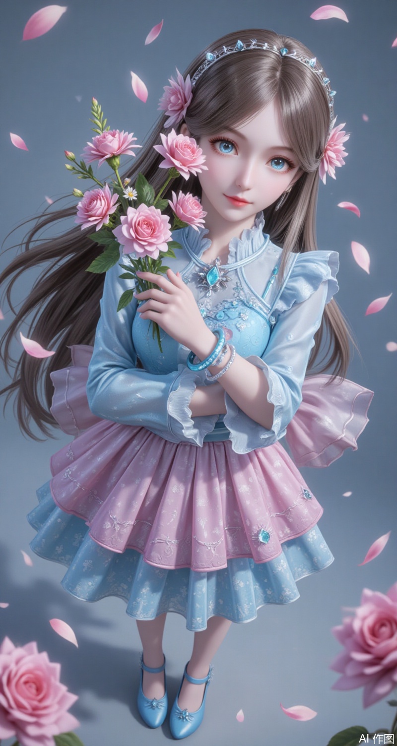 lvjing,baoshi,1girl, solo, long hair, looking at viewer, blue eyes, brown hair, dress, holding, jewelry, standing, full body, flower, bracelet, petals, blue dress, pink dress, blue footwear, bouquet, falling petals, Close-up details,outstanding style,adding a touch of dimension to your images without compromising details,close-up,ningrongrong