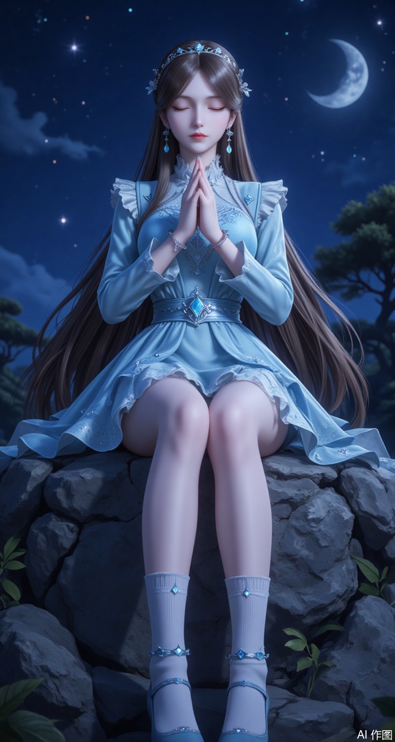 baoshi,lvjing,brown hair,long hair,blue eyes,fair_skin,jewelry,hair_ornament,earrings,1girl, solo, long hair, brown hair, dress, sitting, closed eyes, sky, socks, tree, night, own hands together, tiara, night sky, own hands clasped, praying,cover,simple background,gradient background,close-up details,outstanding style,adding a touch of dimension to your images without compromising details,close-up,