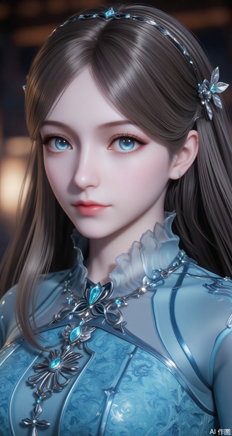 lvjing,baoshi,1girl, long hair, solo, dress, hair ornament, brown hair, blue eyes, upper body, blue dress, blurry background, looking at viewer, long sleeves, jewelry, closed mouth, Close-up details,outstanding style,adding a touch of dimension to your images without compromising details,close-up,ningrongrong