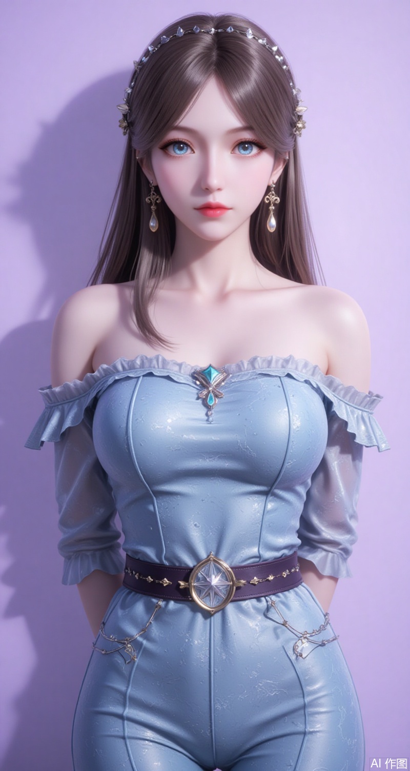baoshi,lvjing,brown hair,long hair,blue eyes,fair_skin,jewelry,hair_ornament,earrings,1girl,solo,breasts,dress,looking at viewer,bare shoulders,off shoulder,makeup,large breasts,shadow,cowboy shot,sash,red lips,light purple background,lips,long sleeves,off-shoulder dress,lipstick,bodysuit,pants,arms behind back,standing,cover,simple background,gradient background,close-up details,outstanding style,adding a touch of dimension to your images without compromising details,close-up,