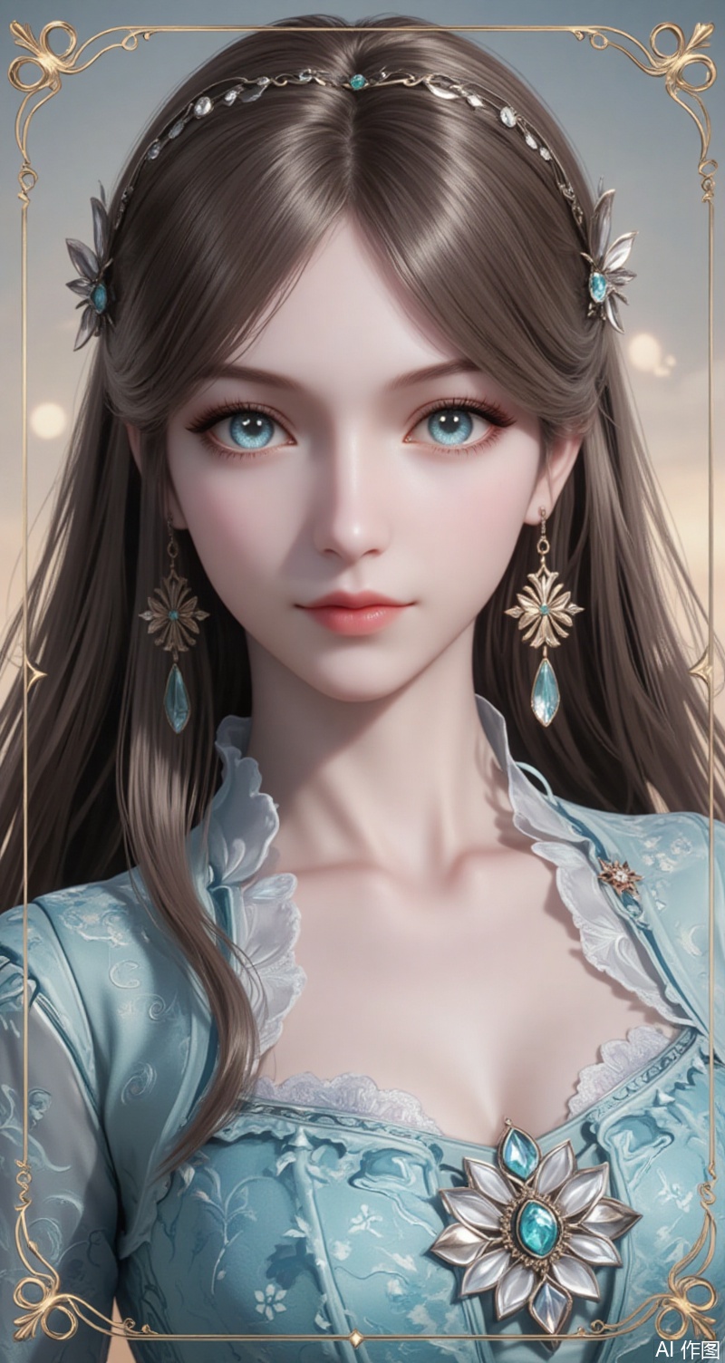 baoshi,lvjing,brown hair,long hair,blue eyes,fair_skin,jewelry,hair_ornament,earrings,1girl,solo,earrings,jewelry,looking at viewer,breasts,tarot,collarbone,upper body,dress,closed mouth,card \(medium\),tarot \(medium\),frills,border,15,cover,simple background,gradient background,close-up details,outstanding style,(baoshi),adding a touch of dimension to your images without compromising details,close-up,