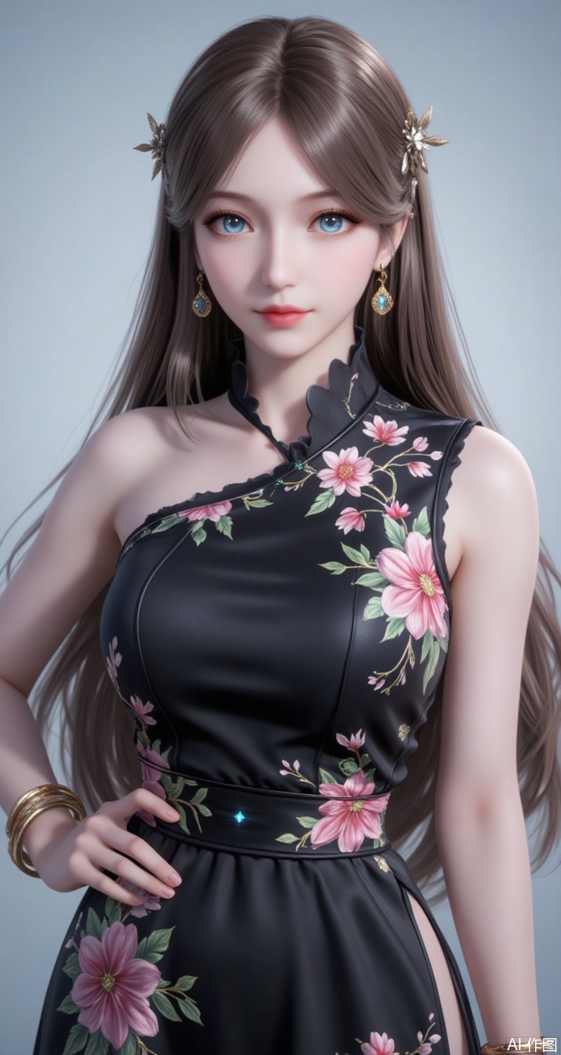 baoshi,lvjing,brown hair,long hair,blue eyes,fair_skin,jewelry,hair_ornament,earrings,1girl,dress,jewelry,earrings,china dress,chinese clothes,blurry background,blurry,breasts,solo,looking at viewer,hand on own hip,floral print,sleeveless,black dress,sleeveless dress,bracelet,parted lips,bare shoulders,side slit,cowboy shot,holding, cover,simple background,gradient background,close-up details,outstanding style,(baoshi),adding a touch of dimension to your images without compromising details,close-up,