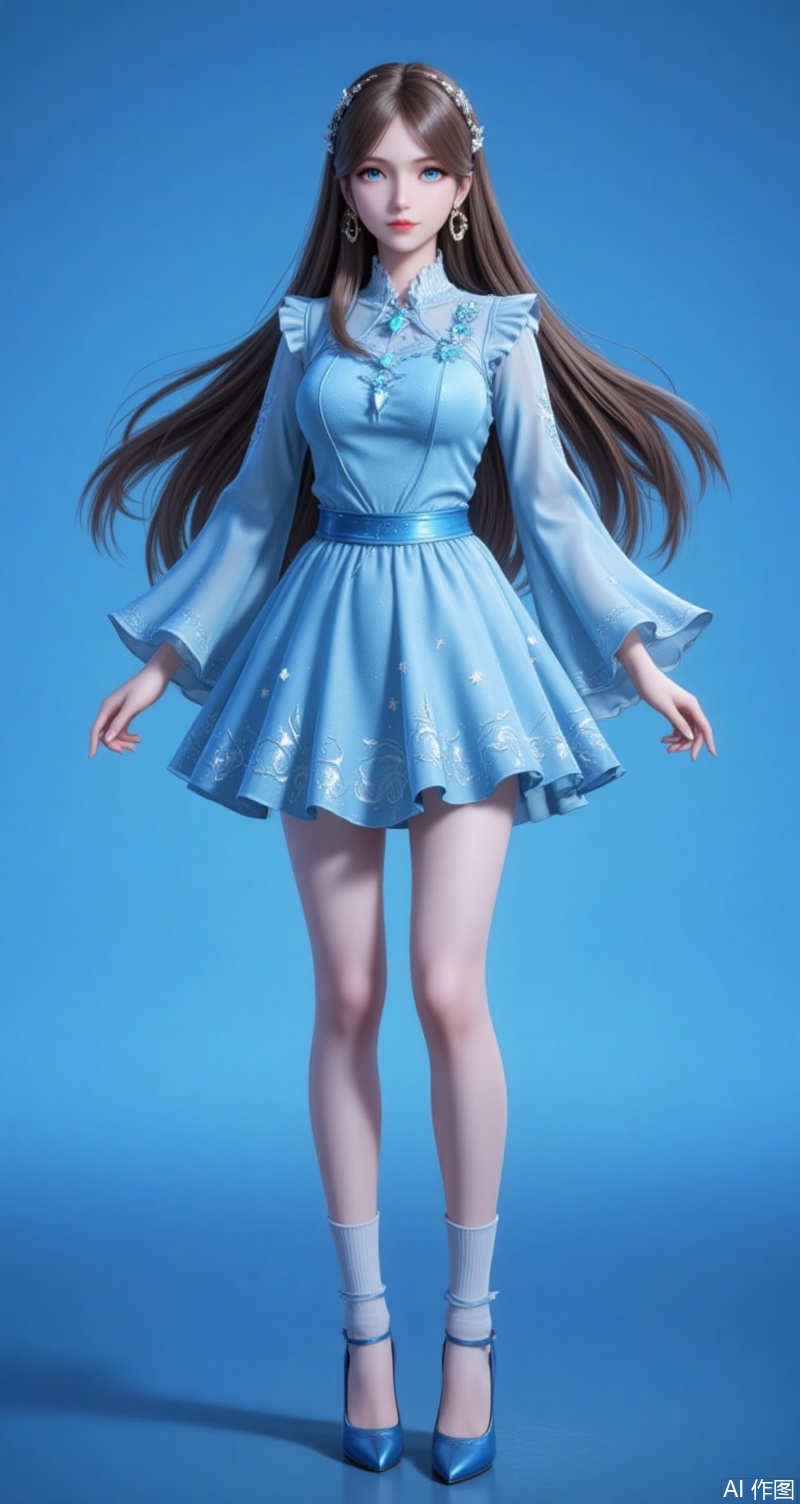 baoshi,lvjing,brown hair,long hair,blue eyes,fair_skin,jewelry,hair_ornament,earrings,1girl, solo, long hair, looking at viewer, brown hair, long sleeves, dress, brown eyes, standing, full body, shoes, socks, wide sleeves, high heels, blue dress, blue background,cover,simple background,gradient background,close-up details,outstanding style,adding a touch of dimension to your images without compromising details,close-up,