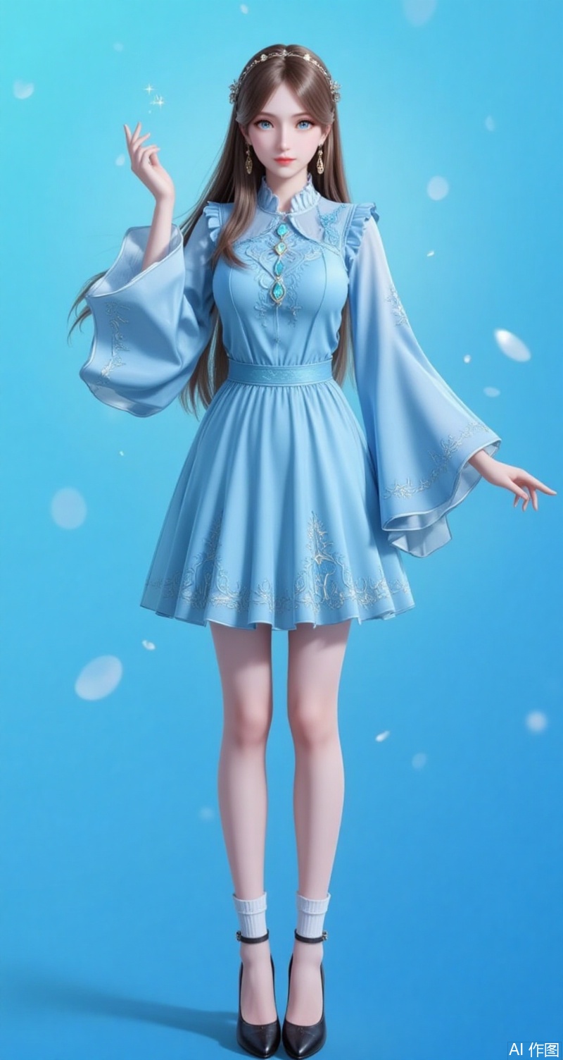 baoshi,lvjing,brown hair,long hair,blue eyes,fair_skin,jewelry,hair_ornament,earrings,1girl, solo, long hair, looking at viewer, brown hair, long sleeves, dress, brown eyes, standing, full body, shoes, socks, wide sleeves, high heels, blue dress, blue background,cover,simple background,gradient background,close-up details,outstanding style,adding a touch of dimension to your images without compromising details,close-up,ningrongrong
