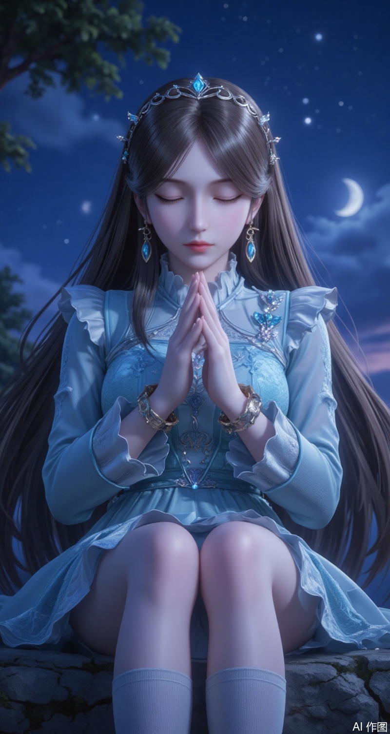 baoshi,lvjing,brown hair,long hair,blue eyes,fair_skin,jewelry,hair_ornament,earrings,1girl, solo, long hair, brown hair, dress, sitting, closed eyes, sky, socks, tree, night, own hands together, tiara, night sky, own hands clasped, praying,cover,simple background,gradient background,close-up details,outstanding style,adding a touch of dimension to your images without compromising details,close-up,