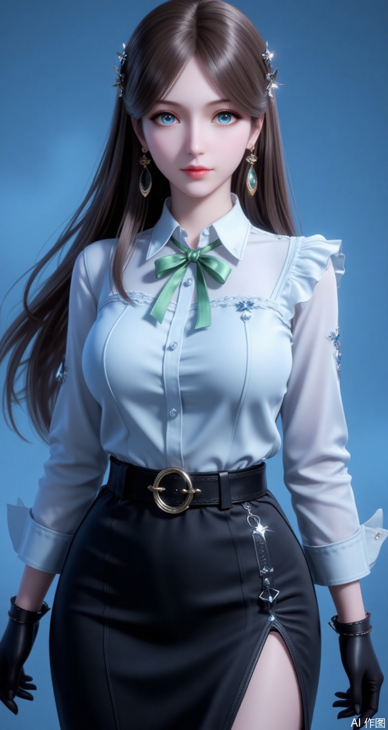 baoshi,lvjing,brown hair,long hair,blue eyes,fair_skin,jewelry,hair_ornament,earrings,1girl,solo,earrings,gloves,jewelry,breasts,skirt,shirt,large breasts,looking at viewer,white shirt,belt,pencil skirt,black gloves,simple background,alternate costume,black skirt,green ribbon,long sleeves,lips,blue background,ribbon,collared shirt,side slit,4,cover,simple background,gradient background,close-up details,outstanding style,adding a touch of dimension to your images without compromising details,close-up,