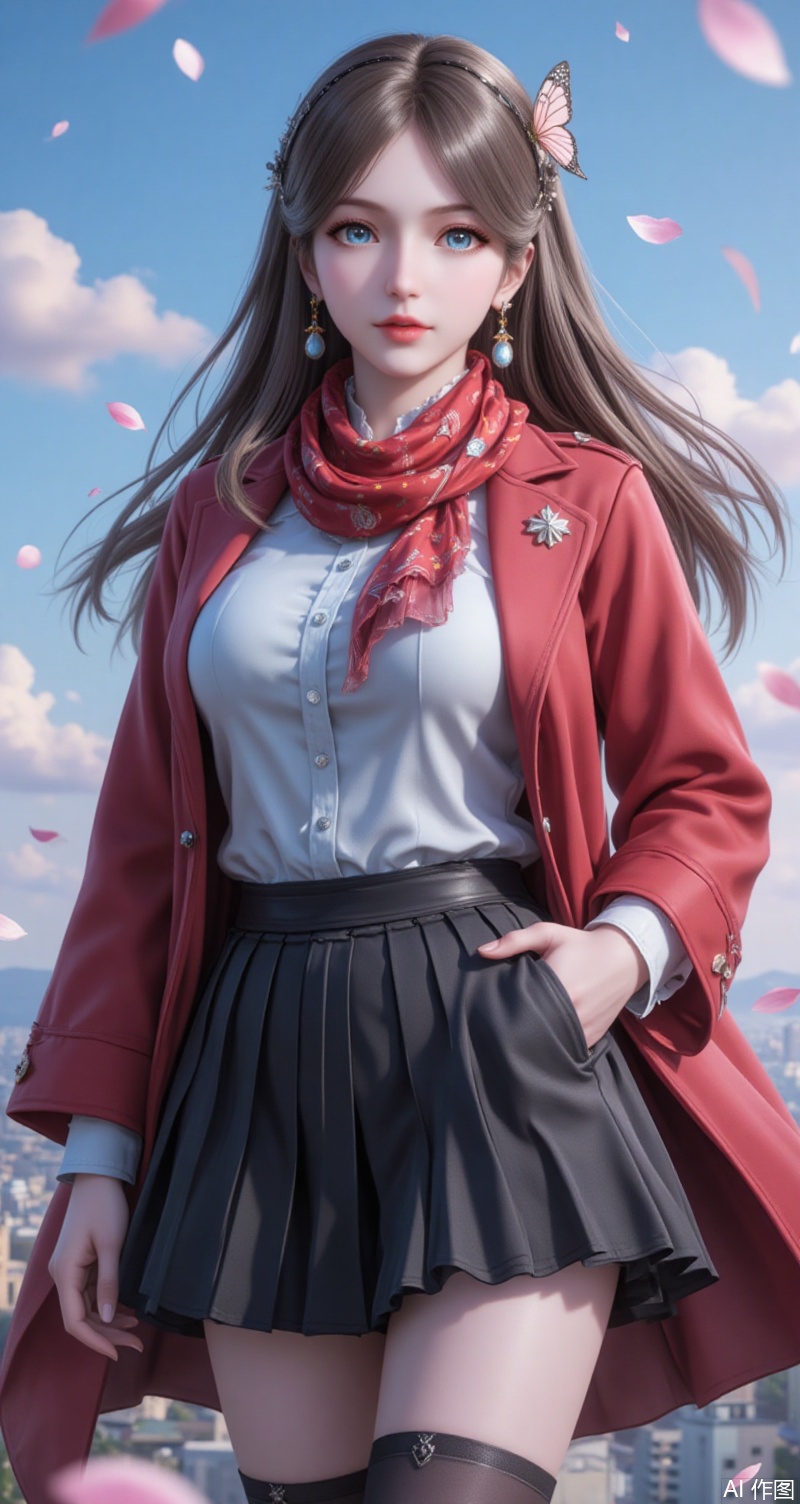 baoshi,lvjing,brown hair,long hair,blue eyes,fair_skin,jewelry,hair_ornament,earrings,1girl,solo,butterfly hair ornament,skirt,hair ornament,scarf,coat,black skirt,pleated skirt,white shirt,red scarf,multicolored hair,shirt,outdoors,dutch angle,long sleeves,hand in pocket,sky,open clothes,standing,looking at viewer,open coat,kneehighs,red coat,open mouth,cloud,wind,miniskirt,feet out of frame,gradient hair,petals,cover,simple background,gradient background,close-up details,outstanding style,adding a touch of dimension to your images without compromising details,close-up,lvjing,