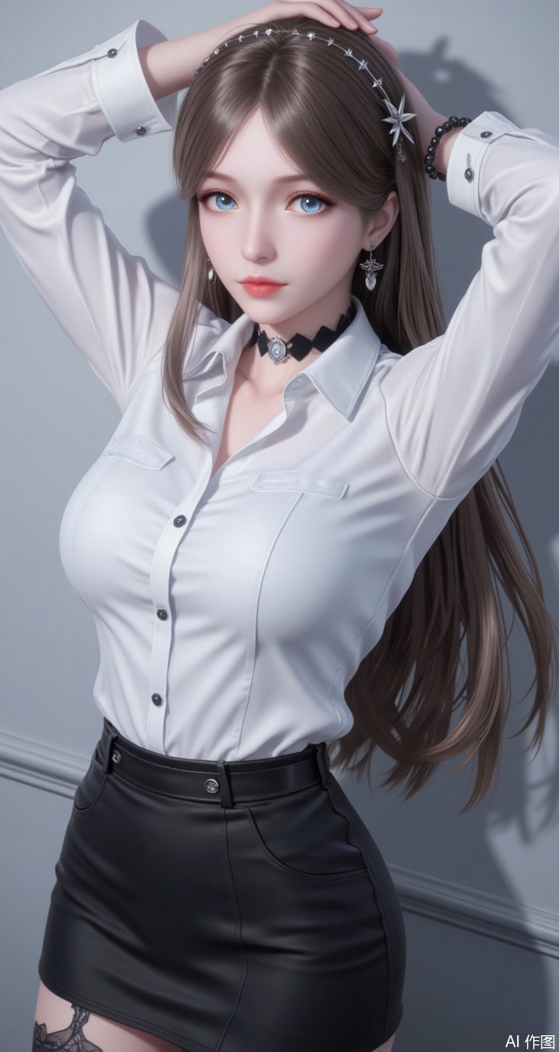 baoshi,lvjing,brown hair,long hair,blue eyes,fair_skin,jewelry,hair_ornament,earrings,1girl,solo,shirt,pencil skirt,skirt,white shirt,black skirt,looking at viewer,collared shirt,collar,thighhighs,long sleeves,arms up,arms behind head,choker,breasts,high-waist skirt,red lips,office lady,lips,standing,cowboy shot,indoors,buttons,black thighhighs,dress shirt,realistic,black choker,cover,simple background,gradient background,close-up details,outstanding style,adding a touch of dimension to your images without compromising details,close-up,
