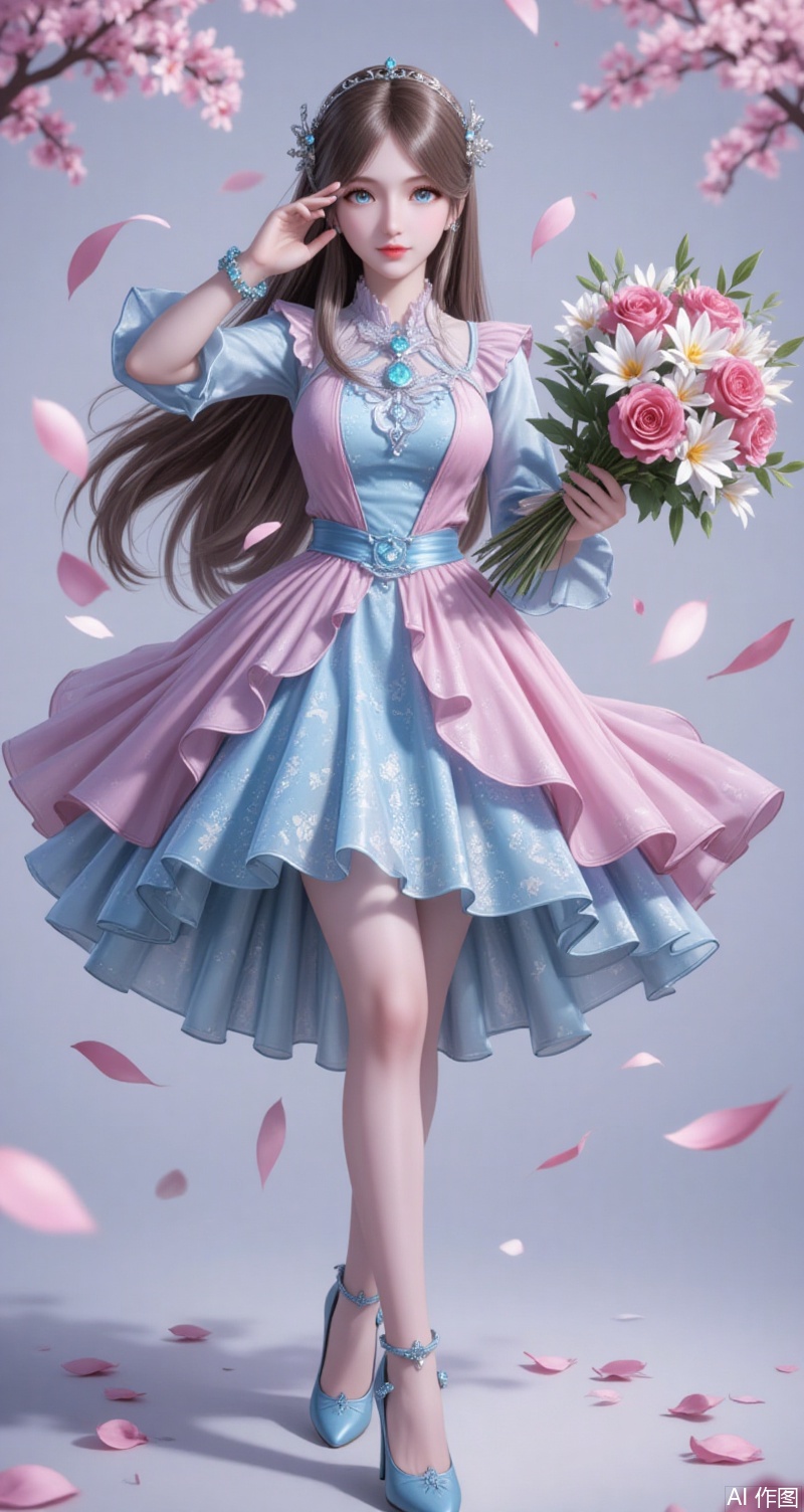 lvjing,baoshi,1girl, solo, long hair, looking at viewer, blue eyes, brown hair, dress, holding, jewelry, standing, full body, flower, bracelet, petals, blue dress, pink dress, blue footwear, bouquet, falling petals, Close-up details,outstanding style,adding a touch of dimension to your images without compromising details,close-up,ningrongrong
