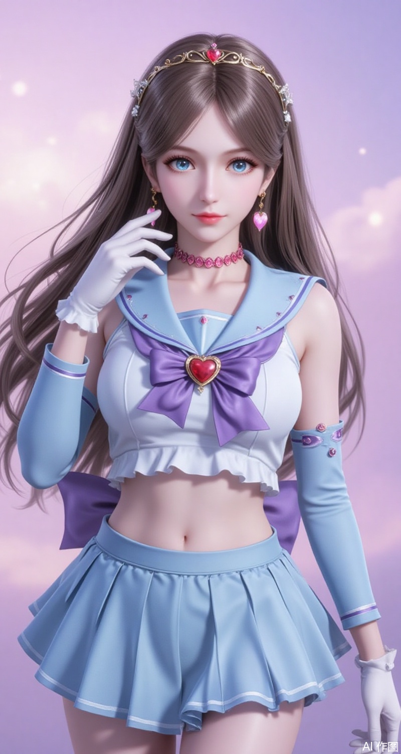 baoshi,lvjing,brown hair,long hair,blue eyes,fair_skin,jewelry,hair_ornament,earrings,1girl,sailor senshi uniform,solo,jewelry,skirt,gloves,earrings,blue skirt,white gloves,sailor collar,bow,breasts,choker,elbow gloves,magical girl,back bow,covered navel,heart,pleated skirt,looking at viewer,brooch,purple bow,heart brooch,red choker,circlet,miniskirt,closed mouth,large breasts,collarbone,red gemstone,tiara,cowboy shot,simple background,gradient background,close-up details,outstanding style,adding a touch of dimension to your images without compromising details,close-up,