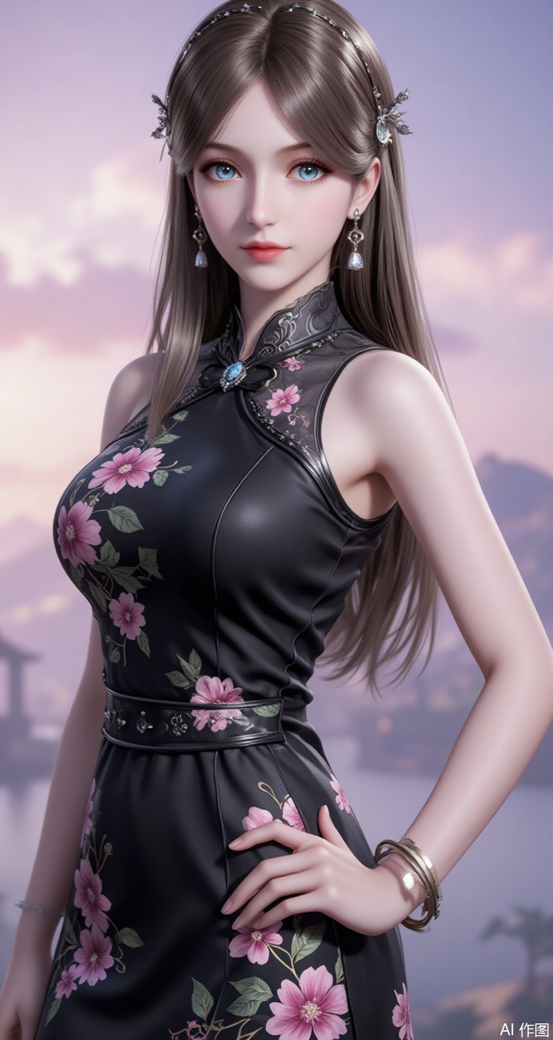 baoshi,lvjing,brown hair,long hair,blue eyes,fair_skin,jewelry,hair_ornament,earrings,1girl,dress,jewelry,earrings,china dress,chinese clothes,blurry background,blurry,breasts,solo,looking at viewer,hand on own hip,floral print,sleeveless,black dress,sleeveless dress,bracelet,parted lips,bare shoulders,side slit,cowboy shot,holding, cover,simple background,gradient background,close-up details,outstanding style,(baoshi),adding a touch of dimension to your images without compromising details,close-up,