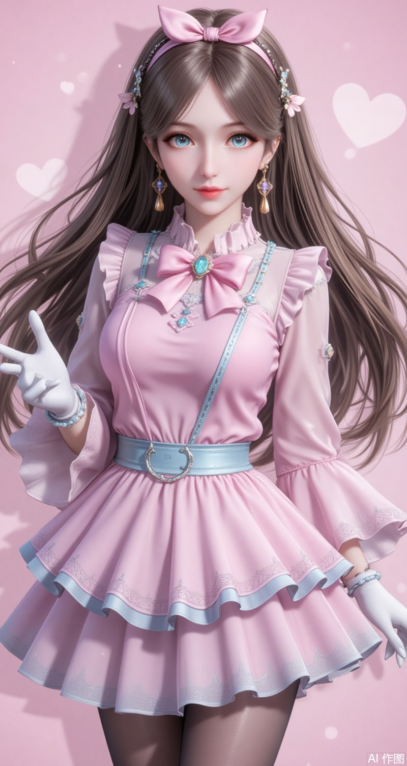 baoshi,lvjing,brown hair,long hair,blue eyes,fair_skin,jewelry,hair_ornament,earrings,1girl,solo,gloves,pantyhose,open mouth,bow,smile,dress,eyelashes,choker,:d,pink bow,white gloves,black pantyhose,hair bow,pink dress,bangs,simple background,outstretched arms,looking at viewer,cosplay, Close-up details,outstanding style,adding a touch of dimension to your images without compromising details,close-up