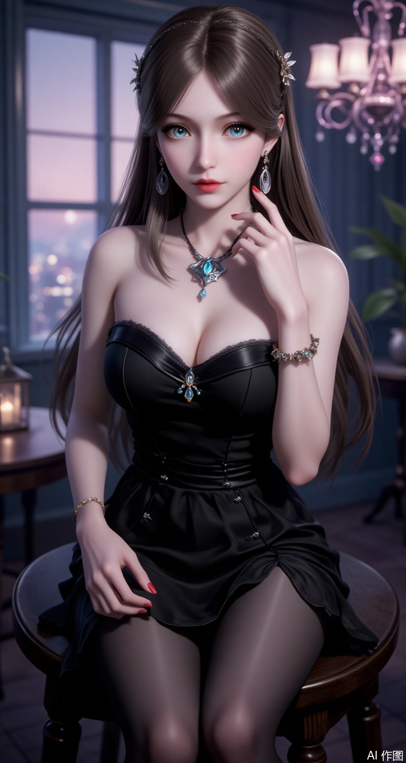 baoshi,lvjing,brown hair,long hair,blue eyes,fair_skin,jewelry,hair_ornament,earrings,1girl,breasts,solo,dress,pantyhose,indoors,sitting,jewelry,looking at viewer,earrings,strapless,black dress,cleavage,bare shoulders,red nails,strapless dress,bangs,chandelier,window,covered navel,black pantyhose,nail polish,stool,bare arms,medium breasts,red lips,alternate costume,feet out of frame,large breasts,parted lips,side slit, simple background,gradient_background,Close-up details,outstanding style,adding a touch of dimension to your images without compromising details,absurdres,colorful,