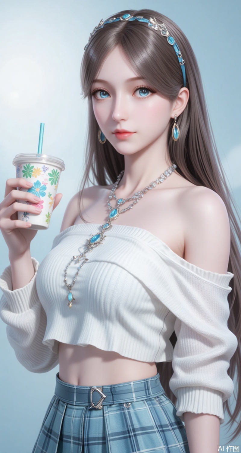 baoshi,lvjing,brown hair,long hair,blue eyes,fair_skin,jewelry,hair_ornament,earrings,1girl,skirt,plaid skirt,realistic,solo,plaid,cup,blurry background,blurry,looking at viewer,holding,disposable cup,holding cup,hairband,sweater,necklace,crop top,blue hairband,midriff,shirt,jewelry,white sweater,off shoulder,white shirt,4,cover,simple background,gradient background,close-up details,outstanding style,adding a touch of dimension to your images without compromising details,close-up,