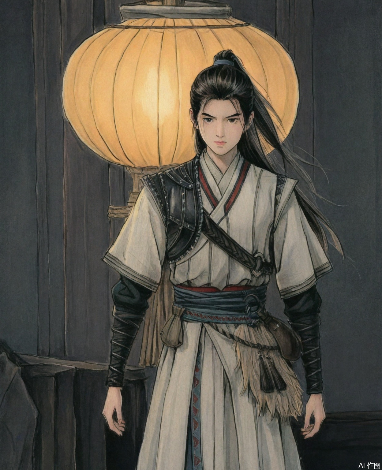 ((very awa)),solo,highly detailed,(best quality),((masterpiece)),chi,,ge,,traditional media,painting \(medium\),watercolor \(medium\),looking_at_viewer,,1boy,hanli,long hair,black hair,male focus,ponytail,
