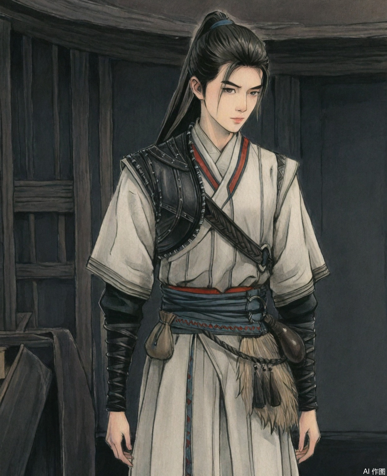 ((very awa)),solo,highly detailed,(best quality),((masterpiece)),chi,,ge,,traditional media,painting \(medium\),watercolor \(medium\),looking_at_viewer,,1boy,hanli,long hair,black hair,male focus,ponytail,