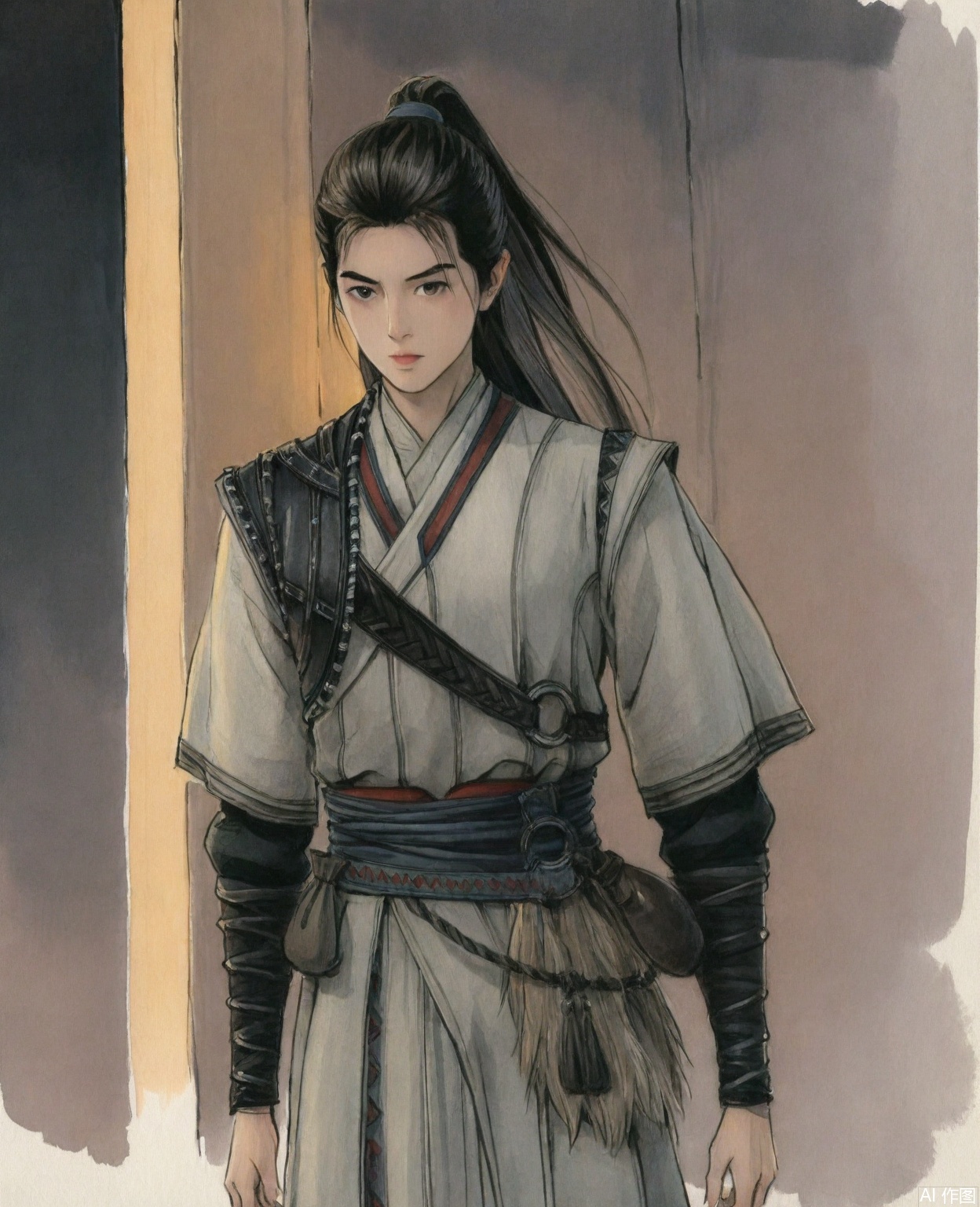 ((very awa)),solo,highly detailed,(best quality),((masterpiece)),chi,,ge,,traditional media,painting \(medium\),watercolor \(medium\),looking_at_viewer,,1boy,hanli,long hair,black hair,male focus,ponytail,