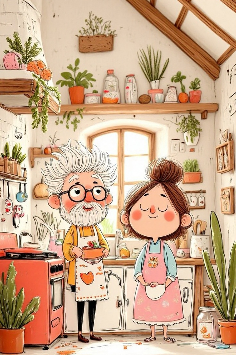 The image depicts a cozy kitchen scene with two characters,  a man and a woman,  both wearing aprons. The man on Tensor.Art