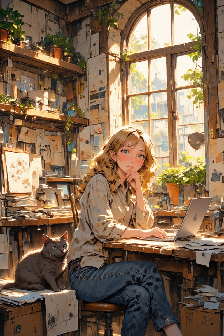 Description of the scene (for generation in Ghibli style) The main character: Young interior designer girl,  He is sitting...