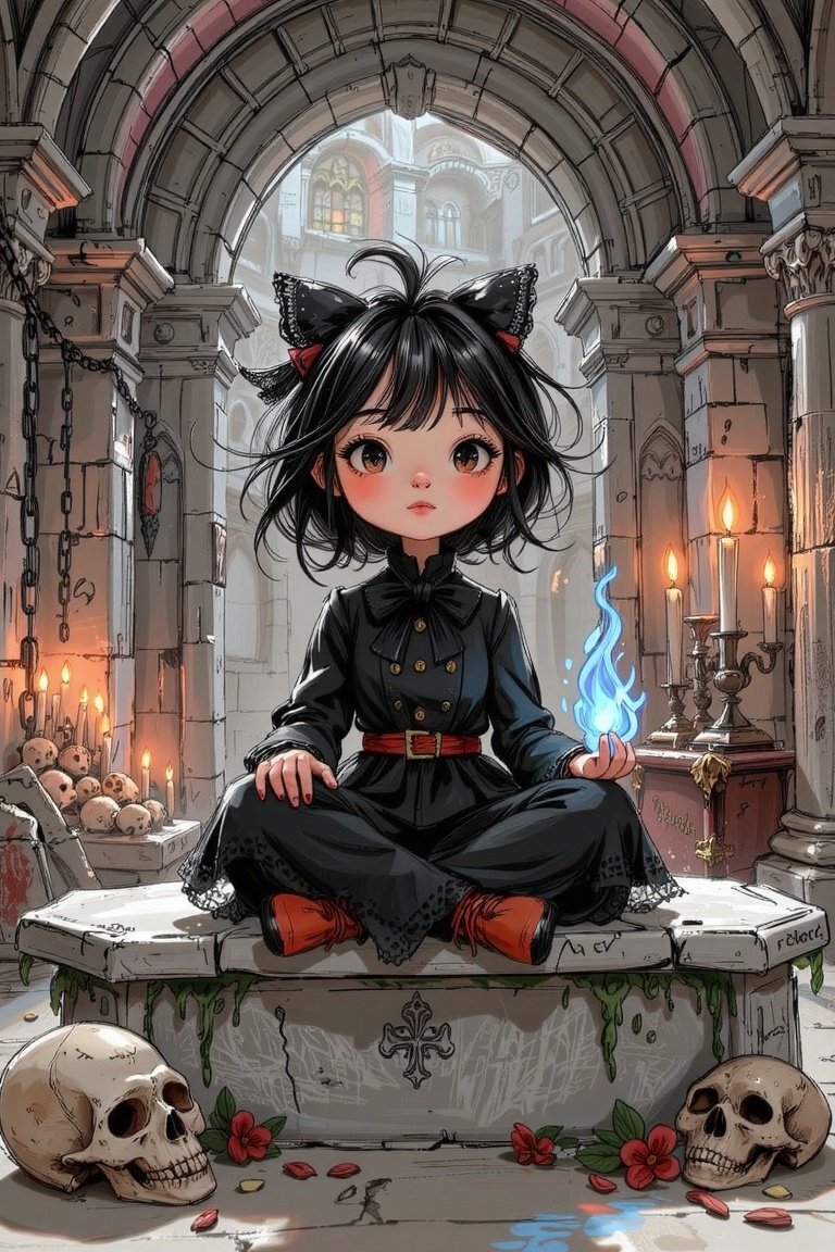 A semirealistic version of ceriamelia style,  a striking juxtaposition between a whimsical,  hand-drawn young necromancer...