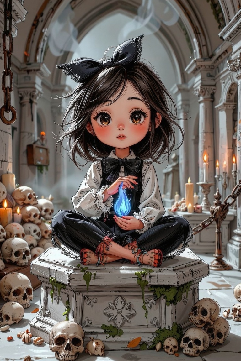A semirealistic version of ceriamelia style,  a striking juxtaposition between a whimsical,  hand-drawn young necromancer...