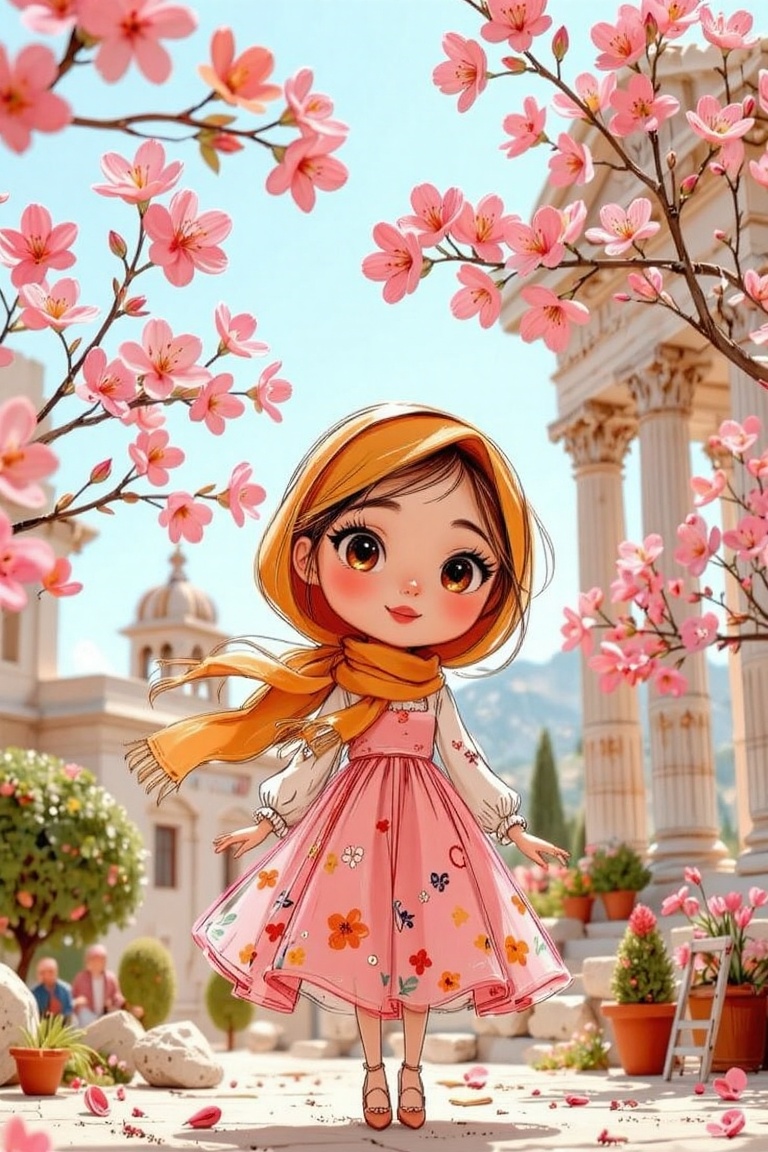 Imagine a delightful chibi girl in a sunny ochre hijab and a flowing bohemian-style dress,  amidst a bokeh-filled scene of...