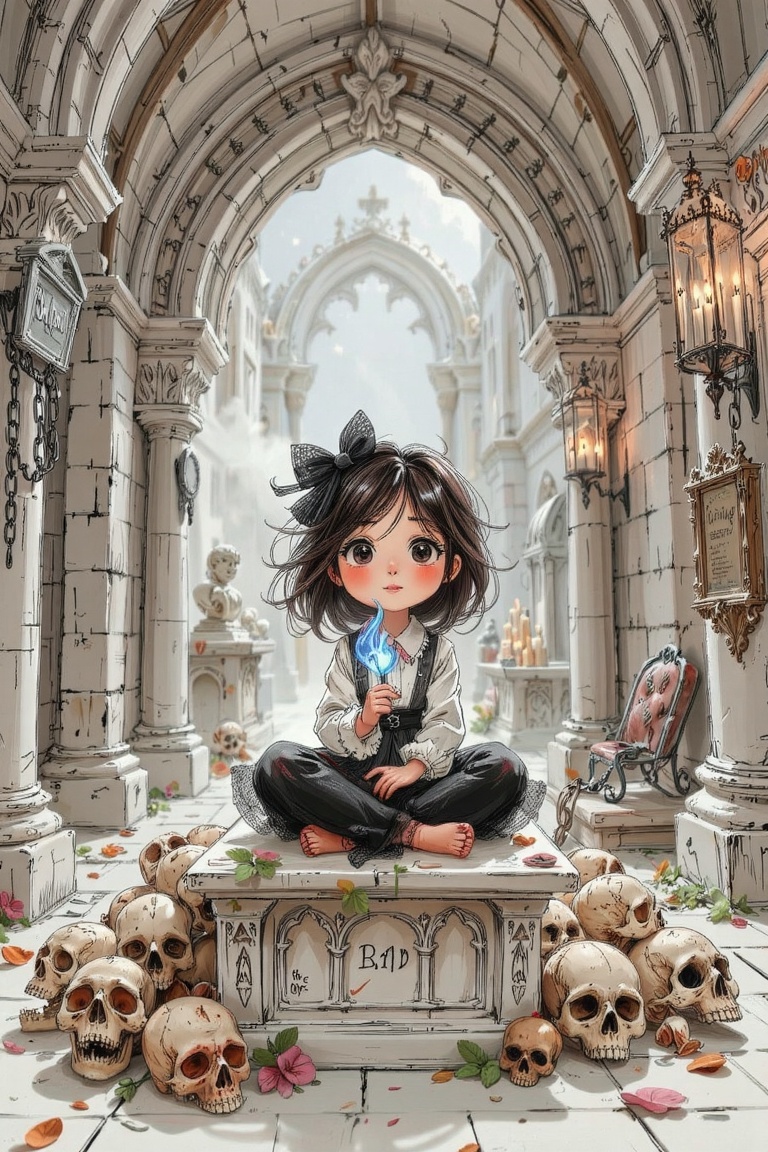 A semirealistic version of ceriamelia style,  a striking juxtaposition between a whimsical,  hand-drawn young necromancer...