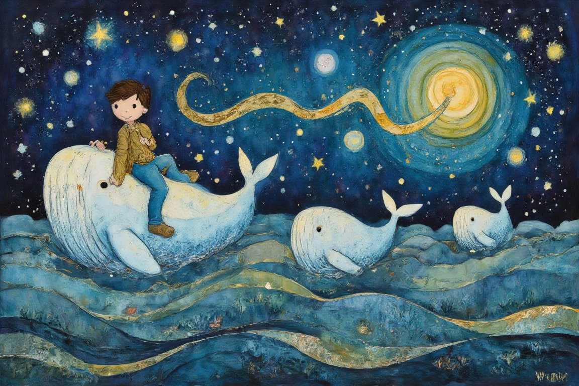 Nightfall,  a little boy riding the leading cloud whale followed by a pod of cloud whales of various sizes,  like a silent...
